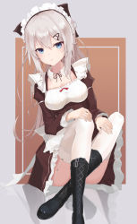 Rule 34 | 1girl, 9a-91 (bullets cafe) (girls&#039; frontline), 9a-91 (girls&#039; frontline), absurdres, ankle boots, blue eyes, boots, garter straps, girls&#039; frontline, hair ornament, hairclip, highres, long hair, maid, maid headdress, parted lips, serika, silver hair, sitting, thighhighs, victorian maid, white thighhighs