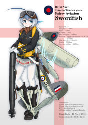 Rule 34 | 1girl, ahoge, aircraft, airplane, bad id, bad pixiv id, bandaid, bandaid on face, bandaid on nose, biplane, blue eyes, blue hair, boots, buttons, character profile, dakku (ogitsune), english flag, english text, fairey swordfish, fins, frilled skirt, frills, full body, gloves, goggles, goggles on head, gradient hair, head fins, high heel boots, high heels, huge ahoge, jacket, long hair, long sleeves, machinery, matching hair/eyes, mecha musume, military, military uniform, miniskirt, multicolored hair, original, pantyhose, personification, ponytail, royal navy, scarf, skirt, smile, solo, torpedo, uniform, white gloves, white hair, white pantyhose, wings, world war ii