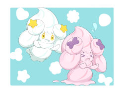 Rule 34 | &gt; &lt;, :d, alcremie, alcremie (ribbon sweet), alcremie (ruby cream), alcremie (star sweet), border, chasing, commentary request, creatures (company), flying sweatdrops, game freak, gen 8 pokemon, green background, heart, highres, nintendo, no humans, open mouth, pokemon, pokemon (creature), smile, tongue, torikku (hisuian zorua), white border, yellow eyes
