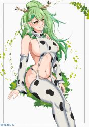 Rule 34 | 1girl, animal print, antlers, bare shoulders, blush, braid, breasts, ceres fauna, cow print, detached sleeves, green hair, hair ornament, highres, hololive, hololive english, horns, large breasts, long hair, looking at viewer, meme attire, multicolored hair, navel, panties, raitei717, sideboob, simple background, sleeveless, sleeveless sweater, sleeveless turtleneck, smile, solo, stomach, streaked hair, sweater, turtleneck, twitter username, underwear, virgin destroyer sweater, virgin killer sweater, virtual youtuber, white background, yellow eyes