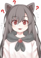 Rule 34 | 1girl, :3, :d, ?, animal ears, brown hair, dress, flying sweatdrops, imaizumi kagerou, long hair, long sleeves, looking at viewer, open mouth, red eyes, simple background, smile, solo, touhou, white background, white dress, wolf ears, wolf girl, zetsumame