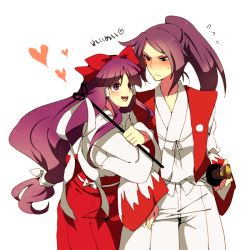 Rule 34 | 2girls, :p, aged down, akasata, androgynous, annoyed, arm grab, arm hug, black eyes, blush, bow, crossed arms, crushing, female focus, gohei, hair bow, hair ribbon, hair tubes, hakurei reimu, hakurei reimu (pc-98), heart, japanese clothes, katana, locked arms, long hair, long sleeves, looking at another, lovestruck, meira (touhou), miko, multiple girls, open mouth, ponytail, purple eyes, purple hair, ribbon, samurai, simple background, smile, sweat, sword, the story of eastern wonderland, tongue, tongue out, touhou, touhou (pc-98), very long hair, vest, weapon, wide sleeves, yuri