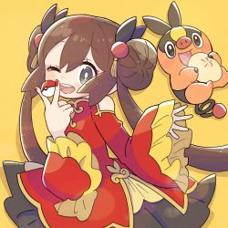 Rule 34 | 1girl, 1other, alternate costume, baozi, black skirt, bright pupils, brown hair, chinese clothes, commentary request, creatures (company), double bun, food, frilled sleeves, frills, game freak, gen 5 pokemon, gold trim, grey eyes, hair bun, hair ornament, highres, holding, holding food, holding poke ball, long hair, long sleeves, nail polish, nintendo, one eye closed, open mouth, pleated skirt, poke ball, pokemon, pokemon bw2, red nails, red shirt, rosa (pokemon), shirt, simple background, skirt, sleeves past wrists, smile, teeth, tepig, twintails, tyokamaru, upper body, upper teeth only, v, white pupils, yellow background