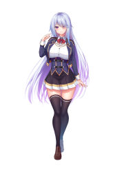 Rule 34 | 1girl, black skirt, black thighhighs, blue jacket, blush, bow, breasts, brown footwear, closed mouth, commentary request, cropped jacket, full body, grey hair, hair over one eye, hand up, highres, jacket, large breasts, loafers, looking at viewer, open clothes, open jacket, original, pleated skirt, purple eyes, red bow, shirt, shoes, simple background, skirt, smile, solo, standing, thighhighs, white background, white shirt, yuunagi (0217)