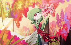 Rule 34 | 1girl, bob cut, bouquet, bow, colored skin, commentary request, creatures (company), day, flower, game freak, gardevoir, gen 3 pokemon, grass, green hair, green skin, hair over one eye, happy, holding, holding bouquet, leaf, looking to the side, multicolored skin, nintendo, open mouth, outdoors, pink flower, pokemon, pokemon (creature), red bow, red eyes, short hair, smile, solo, standing, takenokonoko, two-tone skin, white skin