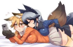 Rule 34 | 10s, 2girls, 3:, animal ears, ass grab, black bow, black bowtie, black gloves, black skirt, black thighhighs, blazer, blonde hair, blue jacket, blush, bow, bowtie, breasts, brown gloves, closed eyes, closed mouth, deep skin, embarrassed, ezo red fox (kemono friends), flying sweatdrops, fox ears, fox tail, fur-trimmed gloves, fur trim, game boy, game boy (original), gloves, grabbing, grabbing another&#039;s ass, grabbing from behind, groping, hair between eyes, handheld game console, hinghoi, jacket, kemono friends, large breasts, long hair, lying, multiple girls, nintendo, nintendo ds, on bed, on stomach, orange hair, orange jacket, playing games, pleated skirt, shiny clothes, silver fox (kemono friends), silver hair, simple background, skirt, smelling, tail, thighhighs, white background, white bow, white bowtie, white skirt, yellow eyes, yellow legwear, yuri