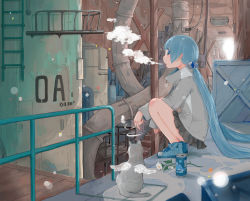 Rule 34 | 1girl, absurdres, angel wings, animal, blue eyes, blue hair, can, cat, cigarette, drink can, hair ornament, halo, highres, long hair, looking at another, original, smoke, smoking, soda can, solo, twintails, wings, yutukicom