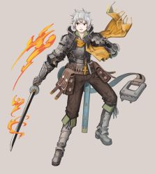 Rule 34 | 1boy, armor, bag, belt, boots, breastplate, brown pants, commentary request, copyright request, gauntlets, grey background, grey hair, holding, holding sword, holding weapon, male focus, nagi itsuki, pants, parted lips, pointy ears, red eyes, scarf, simple background, solo, sword, weapon, yellow scarf