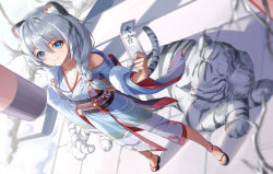 Rule 34 | 1girl, absurdres, animal, animal ear fluff, animal ears, bare shoulders, black footwear, blue eyes, blue kimono, braid, chinese zodiac, closed mouth, commentary request, day, dutch angle, fang, grey hair, hair between eyes, hair over shoulder, highres, holding, honkai (series), honkai impact 3rd, japanese clothes, kimono, long hair, long sleeves, looking at viewer, mo ying yu, off shoulder, omikuji, outdoors, sandals, single braid, smile, solo, standing, theresa apocalypse, tiger, tiger ears, white tiger, wide sleeves, year of the tiger, zouri