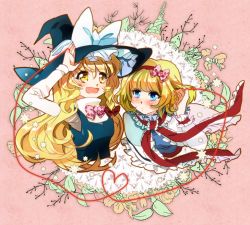 Rule 34 | 2girls, alice margatroid, arm up, blonde hair, blue eyes, blush, bow, braid, capelet, female focus, flower, hair bow, hand in own hair, hand to hat, hat, hat bow, headband, heart, heart of string, kirisame marisa, lace, leaf, long hair, long sleeves, looking away, looking up, multiple girls, open mouth, pink background, poko (mammypoko), ribbon, short hair, short sleeves, star (symbol), string, string of fate, touhou, very long hair, vest, witch, witch hat, wrist cuffs, yellow eyes