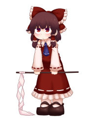 Rule 34 | 1girl, :/, ascot, black footwear, blackbad, blue ascot, bow, brown hair, closed mouth, full body, gohei, hair bow, hair tubes, hakurei reimu, highres, looking at viewer, medium hair, red bow, red eyes, red shirt, red skirt, ribbon-trimmed sleeves, ribbon trim, shide, shirt, simple background, skirt, solo, standing, touhou, white background