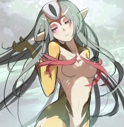 Rule 34 | 1girl, ao no roku-gou, ao no roku-gou, colored skin, facial mark, full body, inaba48111, long hair, looking at viewer, monster girl, multicolored skin, mutio, pointy ears, simple background, smile, solo, white background, yellow skin