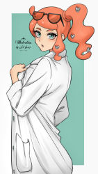 Rule 34 | 1girl, artist name, black-framed eyewear, blush, clothes tug, commentary request, creatures (company), echizen (n fns17), eyelashes, eyewear on head, game freak, green eyes, hair ornament, heart, heart hair ornament, highres, lab coat, long hair, looking at viewer, looking back, nintendo, open mouth, orange hair, pokemon, pokemon swsh, side ponytail, solo, sonia (pokemon), sunglasses, tongue