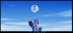 Rule 34 | 1girl, ancheng zaibu xuexi jiu feile, balloon, black border, black collar, black jacket, border, chinese commentary, cloud, collar, collarbone, cowlick, double bun, english text, hair bun, highres, holding, holding balloon, indie virtual youtuber, jacket, open mouth, portrait, purple hair, purple nails, shirt, shizukou, sky, solo, straight-on, virtual youtuber, white shirt