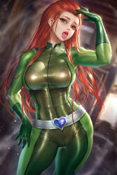 Rule 34 | 1girl, blue gemstone, blurry, blurry background, bodysuit, breasts, cowboy shot, gem, green bodysuit, green eyes, heart belt, highres, large breasts, long hair, neoartcore, paid reward available, patreon username, red hair, sam (totally spies), solo, tongue, tongue out, totally spies