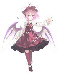 Rule 34 | 1girl, animal ears, bird ears, bird wings, black footwear, blush stickers, brown dress, brown headwear, brown thighhighs, closed mouth, dress, feathered wings, fingernails, frilled dress, frills, hair between eyes, highres, long fingernails, long sleeves, mystia lorelei, o (crazyoton46), pink eyes, pink hair, sharp fingernails, shirt, shoes, short hair, simple background, solo, thighhighs, touhou, white background, white shirt, winged footwear, wings