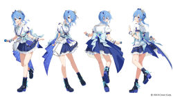 Rule 34 | 1girl, :d, blue eyes, blue hair, blue skirt, bow, brat (brabrabrat00), collared shirt, commentary request, copyright notice, crown, floating hair, frills, full body, hair ornament, highres, hololive, hoshimachi suisei, idol, legs, looking at viewer, medium hair, microphone, mini crown, multiple views, official art, open mouth, shirt, shoes, side ponytail, skirt, smile, thighs, tiara, virtual youtuber, wavy hair, white shirt, wrist cuffs