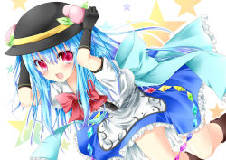 Rule 34 | 1girl, bad id, bad pixiv id, blue hair, blush, bow, female focus, food, fruit, gloves, hat, hinanawi tenshi, long hair, open mouth, peach, red eyes, skirt, smile, solo, star (symbol), tetsu tissue, touhou