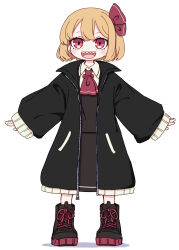 Rule 34 | 1girl, absurdres, ascot, black footwear, blonde hair, blush stickers, collared shirt, full body, highres, kame (kamepan44231), long sleeves, looking at viewer, open mouth, red ascot, red eyes, rumia, sharp teeth, shirt, shoes, short hair, simple background, smile, solo, straight-on, teeth, touhou, white background, white shirt