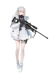 Rule 34 | 1girl, absurdres, bare legs, blonde hair, blue gloves, body armor, character request, fingerless gloves, gas mask, girls&#039; frontline, gloves, green eyes, gun, hand on weapon, headphones, highres, holding, holding weapon, jacket, long hair, looking at viewer, lunaplum, mask, original, rifle, science fiction, shoes, sneakers, solo, weapon, white background, white footwear, white jacket