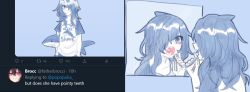 Rule 34 | 1girl, blue eyes, blue hair, blue theme, commentary, english commentary, english text, hair over one eye, long hair, looking at viewer, multiple views, nail clippers, one eye covered, open mouth, original, popopoka, twitter