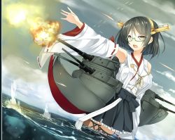 Rule 34 | 10s, 1girl, black hair, bonkiru, bow, detached sleeves, dutch angle, glasses, hair ornament, hairband, highres, in water, kantai collection, kirishima (kancolle), machinery, no legwear, nontraditional miko, ocean, open mouth, outdoors, outstretched arm, ribbon-trimmed sleeves, ribbon trim, rimless eyewear, short hair, solo, turret, wading