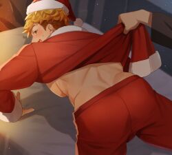 Rule 34 | 2boys, ass, bara, bare pectorals, bed, blonde hair, granblue fantasy, green eyes, hat, jacket, large pectorals, lifting another&#039;s clothes, male focus, multiple boys, muscular, muscular male, on bed, open clothes, open jacket, open mouth, pants, pectorals, red jacket, red pants, santa costume, santa hat, satoimo sanda, short hair, smile, solo focus, undercut, vane (granblue fantasy), yaoi