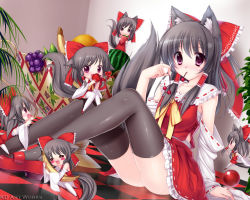 Rule 34 | 6+girls, :3, animal ears, apple, arm support, banana, black hair, bow, caidychen, cherry, clone, detached sleeves, dog ears, dog tail, female focus, food, fruit, grapes, hakurei reimu, holding, holding food, holding fruit, japanese clothes, kemonomimi mode, long hair, miko, mini person, minigirl, mouth hold, multiple girls, red eyes, ribbon, sitting, strawberry, tail, thighhighs, touhou, watermelon