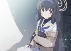 Rule 34 | 1girl, bad id, bad twitter id, bags under eyes, black hair, black undershirt, blue archive, blue eyes, blue hairband, blue neckerchief, blue ribbon, book, bookshelf, brown sweater, crossed bangs, curtains, frown, hair ribbon, hairband, halo, highres, holding, holding book, indoors, jewelry, kaerunrun, layered clothes, light particles, long hair, long sleeves, looking at viewer, neckerchief, non-circular lens flare, pendant, ribbon, sailor collar, school uniform, serafuku, sitting, skirt, solo, sunlight, sweater, ui (blue archive), very long hair, white sailor collar, white serafuku, white skirt