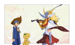 Rule 34 | agumon, digimon, digimon (creature), goggles, goggles on head, highres, instrument, looking at another, omegamon, violin, yagami taichi