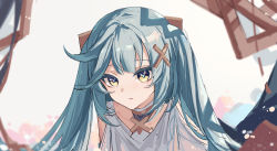 Rule 34 | 1girl, aqua hair, bare shoulders, blunt bangs, bracelet, cowlick, dress, faruzan (genshin impact), genshin impact, hair between eyes, hair ornament, highres, jewelry, long hair, looking at viewer, open mouth, parted lips, short sleeves, solo, twintails, upper body, white dress, x hair ornament, yajuu, yellow eyes