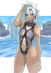 Rule 34 | 1girl, a (xenoblade), absurdres, bare legs, bare shoulders, blue eyes, breasts, closed mouth, earrings, expressionless, grey hair, hair between eyes, hair intakes, hand in own hair, highres, jewelry, karian909, long hair, looking at viewer, messy hair, navel, ocean, one-piece swimsuit, single earring, small breasts, solo, swimsuit, very long hair, water, wet, wet clothes, wet hair, wet swimsuit, xenoblade chronicles (series), xenoblade chronicles 3, xenoblade chronicles 3: future redeemed