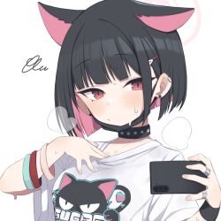 Rule 34 | 1girl, animal ears, black choker, black hair, black mask, blue archive, blush, cat ears, cat girl, choker, clothes writing, collarbone, colored inner hair, commentary request, extra ears, gamuo, hair ornament, hairclip, halo, holding, holding phone, hot, jewelry, kazusa (band) (blue archive), kazusa (blue archive), looking at viewer, mask, mask pull, mouth mask, multicolored hair, multiple rings, official alternate costume, phone, pink hair, pink halo, red eyes, ring, shirt, simple background, solo, sweat, sweatdrop, two-tone hair, upper body, white background, white shirt