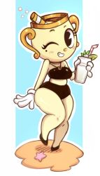 Rule 34 | 1girl, bikini, breasts, cuphead (game), gloves, highres, ms. chalice, one eye closed, secretly saucy, smile, solo, standing, swimsuit, teeth, wink