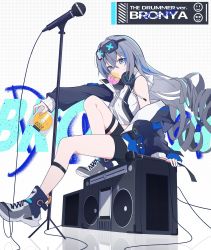 Rule 34 | 1girl, ankle strap, black shorts, blue footwear, blue hair, blue jacket, boombox, boots, bronya zaychik, blowing bubbles, cable, cd, commentary, cropped hoodie, detached sleeves, drill hair, full body, goggles, goggles on head, grey eyes, grey hair, hanchan540, highres, holding cd, honkai (series), honkai impact 3rd, hood, hood down, hoodie, jacket, long hair, looking at viewer, microphone, microphone stand, multicolored hair, off shoulder, pouch, shorts, simple background, sitting, solo, streaked hair, symbol-only commentary, thigh strap, twin drills, very long hair, white background, white hoodie