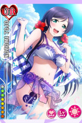 Rule 34 | 10s, 1girl, :d, aqua eyes, bikini, blue hair, breasts, card (medium), character name, cleavage, cowboy shot, flower, frilled swimsuit, frills, hair flower, hair ornament, hibiscus, long hair, love live!, love live! school idol festival, love live! school idol project, low twintails, medium breasts, navel, official art, open mouth, sarong, see-through, see-through sarong, smile, solo, swimsuit, tojo nozomi, twintails
