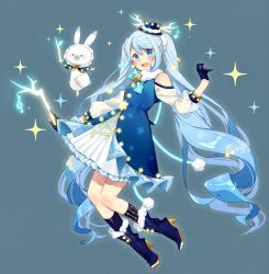 Rule 34 | 1girl, :d, antlers, asagao minoru, bare shoulders, blue eyes, blue gloves, blue hair, commentary request, dress, frills, full body, gloves, half gloves, hat, hatsune miku, highres, horns, light blue hair, long hair, long sleeves, looking at viewer, mini hat, mini top hat, musical note, open mouth, rabbit yukine, see-through, smile, solo, swept bangs, top hat, twintails, very long hair, vocaloid, yuki miku, yuki miku (2021) (candidate no.4)