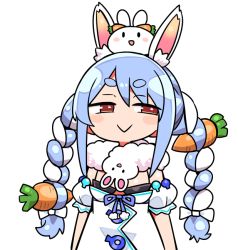 Rule 34 | 1girl, :&gt;, animal ear fluff, animal ears, blue hair, blush stickers, braid, carrot hair ornament, closed mouth, commentary request, detached sleeves, don-chan (usada pekora), dress, food-themed hair ornament, hair between eyes, hair ornament, half-closed eyes, hololive, kanikama, multicolored hair, on head, pekomon (usada pekora), puffy short sleeves, puffy sleeves, rabbit-shaped pupils, rabbit ears, red eyes, short eyebrows, short sleeves, simple background, solo focus, strapless, strapless dress, symbol-shaped pupils, thick eyebrows, twin braids, twintails, two-tone hair, upper body, usada pekora, usada pekora (1st costume), virtual youtuber, white background, white dress, white hair, white sleeves