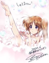 Rule 34 | 1girl, :o, artist name, barefoot, bath, bathing, blowing, breasts, brown hair, bubble, bubble bath, commentary request, commission, dated, kneepits, kuroi mimei, leg up, long hair, looking to the side, lyrical nanoha, mahou shoujo lyrical nanoha strikers, medium breasts, nude, parted lips, purple eyes, side ponytail, signature, sitting, skeb commission, solo, takamachi nanoha, translation request