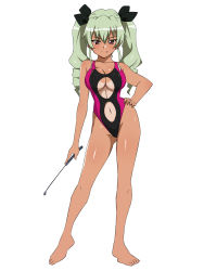 Rule 34 | &gt;:p, 10s, 1girl, :p, anchovy (girls und panzer), bare arms, bare legs, bare shoulders, barefoot, black ribbon, black one-piece swimsuit, blush, breasts, cleavage, closed mouth, clothing cutout, competition swimsuit, contrapposto, drill hair, girls und panzer, green hair, groin, hair ribbon, hand on own hip, highleg, highleg swimsuit, highres, holding, kagemusha, large breasts, legs apart, long hair, looking at viewer, navel, navel cutout, one-piece swimsuit, red eyes, ribbon, riding crop, smile, solo, standing, stomach, swimsuit, tan, tanline, toes, tongue, tongue out, tsurime, twin drills, twintails, underboob, underboob cutout, v-shaped eyebrows