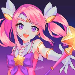 Rule 34 | 1girl, :d, absurdres, bow, bowtie, breasts, choker, circlet, earrings, elbow gloves, gloves, headgear, highres, jewelry, league of legends, long hair, looking at viewer, lux (league of legends), magical girl, open hand, open mouth, pink hair, pink theme, purple bow, purple eyes, ribbon, small breasts, smile, solo, staff, star (symbol), star earrings, star guardian (league of legends), star guardian lux, tiara, twintails, upper body, yaya chan