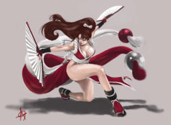Rule 34 | 1girl, bare legs, breasts, brown hair, cleavage, dual wielding, hand fan, fatal fury, female focus, fingerless gloves, folding fan, gloves, holding, japanese clothes, large breasts, long hair, muscular, ninja, ogodo, on one knee, pelvic curtain, revealing clothes, rope, ryuuko no ken, shadow, shimenawa, shiranui mai, snk, solo, tabi, the king of fighters