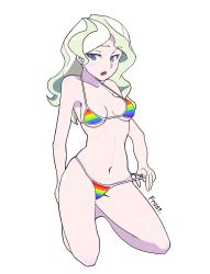 Rule 34 | 1girl, arm behind back, artist name, bikini, bikini tug, blonde hair, blue eyes, blush, breasts, diana cavendish, eyebrows, groin tendon, highres, kneeling, little witch academia, looking at viewer, medium hair, navel, open mouth, project-disrubtion, rainbow bikini, small breasts, solo, swimsuit, thighs, trigger (company), wavy hair
