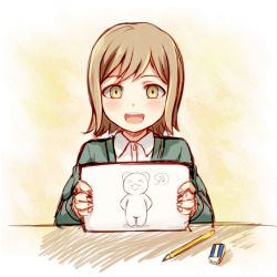 Rule 34 | 1boy, :d, bear, blush, brown eyes, brown hair, collared shirt, commentary request, danganronpa (series), danganronpa 3 (anime), drawing, formal, holding, jacket, long sleeves, looking at viewer, male focus, meipoi, mitarai ryota, musical note, open mouth, pen, shirt, short hair, smile, solo, spoken musical note, upper body, white shirt