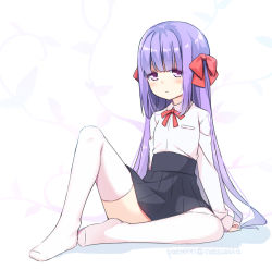 Rule 34 | 1girl, black skirt, blush, bow, chinese commentary, collared shirt, commentary request, full body, hair bow, hatsunatsu, knee up, long hair, long sleeves, looking at viewer, no shoes, original, parted lips, pleated skirt, purple eyes, purple hair, red bow, school uniform, shadow, shirt, signature, sitting, skirt, sleeves past wrists, solo, thighhighs, very long hair, white shirt, white thighhighs