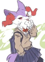 Rule 34 | 1girl, alternate color, animal ear fluff, animal ears, animal nose, backpack, bag, blue skirt, blush, body fur, bowtie, braixen, brown sweater, clothed pokemon, collared shirt, creatures (company), eating, female focus, flat chest, fox ears, fox girl, fox tail, furry, furry female, game freak, gen 6 pokemon, half-closed eyes, hand in pocket, hand up, happy, holding candy, holding lollipop, ingi, lollipop, long sleeves, looking at viewer, miniskirt, nintendo, open mouth, pleated skirt, pokemon, pokemon (creature), purple fur, red bow, red bowtie, red eyes, school uniform, shiny pokemon, shirt, sketch, skirt, smile, snout, solo, standing, sweater, tail, tongue, tongue out, two-tone fur, white background, white fur, white shirt