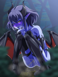 Rule 34 | 1girl, bare shoulders, black hair, black sclera, black thighhighs, blue skin, blurry, blush, boots, breath, censored, collarbone, colored sclera, colored skin, demon girl, demon wings, depth of field, fangs, forest, highres, horns, mimizu (tokagex), mosaic censoring, nature, open mouth, original, pee, peeing, pointy ears, pussy, short hair, sitting, solo, squatting, sweat, thigh boots, thighhighs, wings, yellow eyes