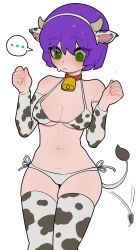 Rule 34 | ..., 1girl, @ @, animal ears, animal print, bell, bikini, blush, breasts, choker, closed mouth, cow ears, cow girl, cow horns, cow print, cow tail, cowbell, detached sleeves, fake animal ears, fake horns, green eyes, grey bikini, grey thighhighs, hairband, hands up, highres, horns, large breasts, legs together, long sleeves, navel, neck bell, original, purple hair, red choker, short hair, side-tie bikini bottom, simple background, solo, sparrowl, spoken ellipsis, sweatdrop, swimsuit, tail, tail wagging, thighhighs, virtual youtuber, white background