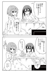 Rule 34 | &gt;:&gt;, 2girls, :&gt;, cellphone, comic, food, fruit, hair ornament, hairclip, highres, hirasawa yui, hood, hoodie, k-on!, kotatsu, long hair, mandarin orange, monochrome, multiple girls, nakano azusa, official style, open mouth, phone, ragho no erika, short hair, smartphone, table, television, translation request, triangle mouth, twintails, v-shaped eyebrows