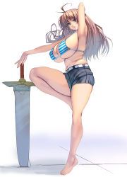 Rule 34 | 1girl, ahoge, arm up, belt, bikini, bikini top only, blonde hair, blue eyes, breasts, full body, highres, huge breasts, kouno (masao), long hair, looking at viewer, original, shorts, solo, standing, standing on one leg, striped bikini, striped clothes, swimsuit, sword, weapon, white background